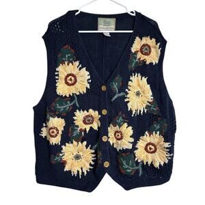 The Alpine Collection VTG Embroidered Sunflower Sweater Vest Women's 26/28 Navy